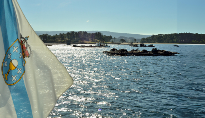 Viajes por Galicia: la bandera de Galicia y el oceano.